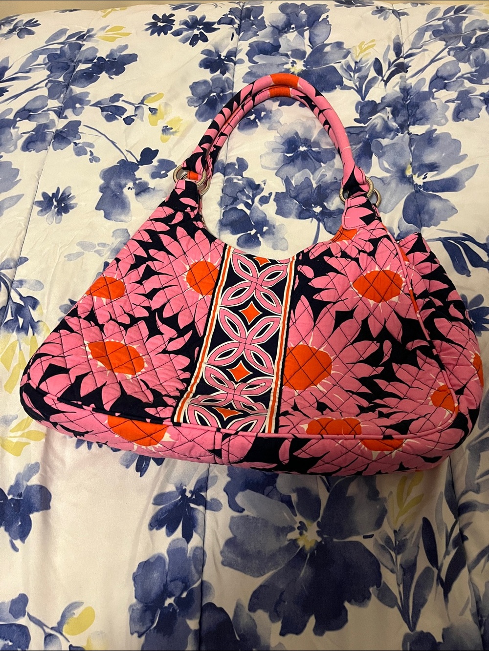 Vera Bradley Pink Quilted Shoulder Bag with Orange and Black Floral Motif